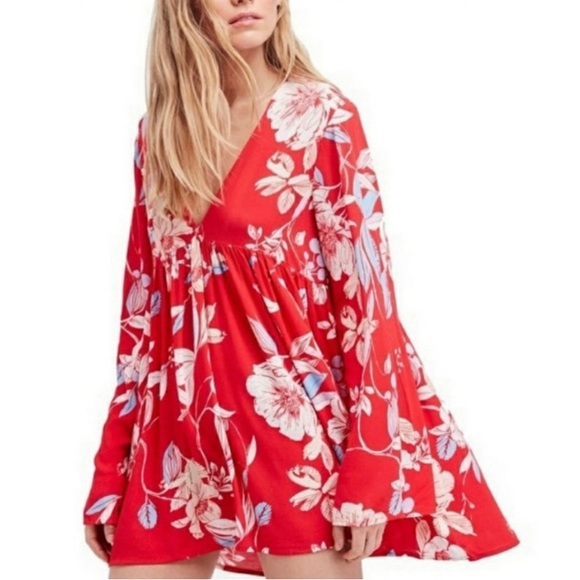 Free People Bella Red Floral Print Tunic Dress - Picture 3 of 7
